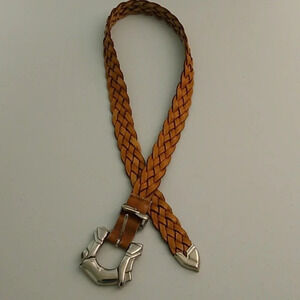 CARMEL BROWN, GENUINE WOVEN LEATHER, WITH HEAVY SILVER BUCKLE & TIP